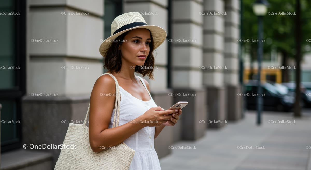 Kobieta w słomkowym kapeluszu i białej sukience trzymająca smartfon