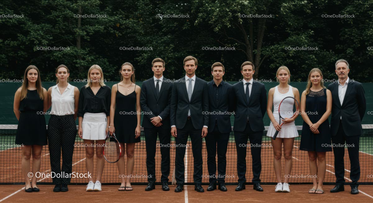 Formal Tennis Team Standing on Clay Court