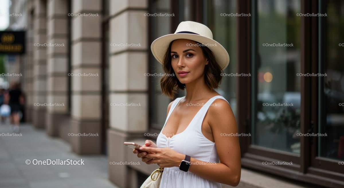 Modna kobieta w letniej sukience z kapeluszem trzymająca telefon