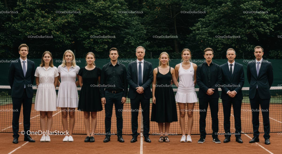 Tennis Team Portrait on Clay Court with Formal and Sporty Attire