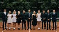 Tennis Team Portrait on Clay Court with Formal and Sporty Attire