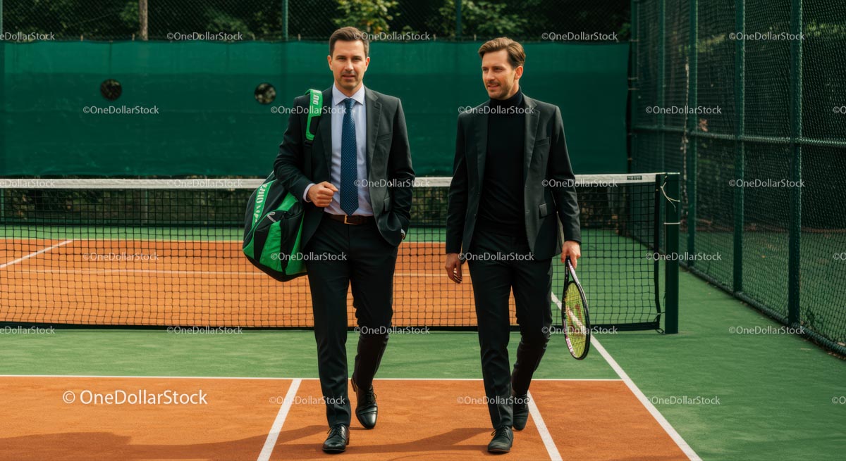 Businessmen Discuss Strategy on Tennis Court