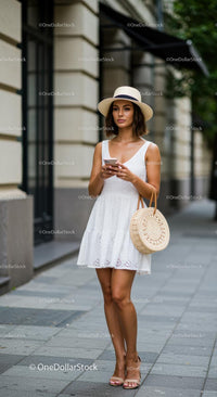 Stylish Woman in White Dress Using Phone on Urban Street