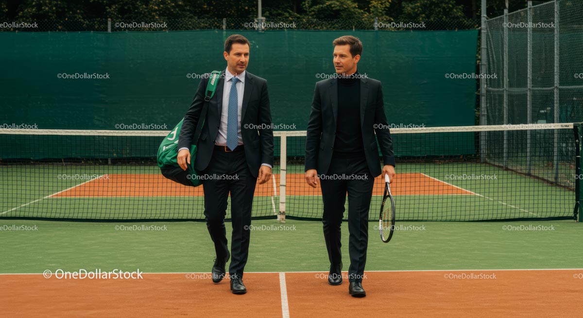 Businessmen Networking on Tennis Court with Rackets
