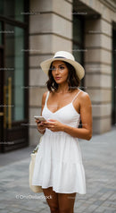 Stylish Woman in White Dress and Straw Hat on City Street