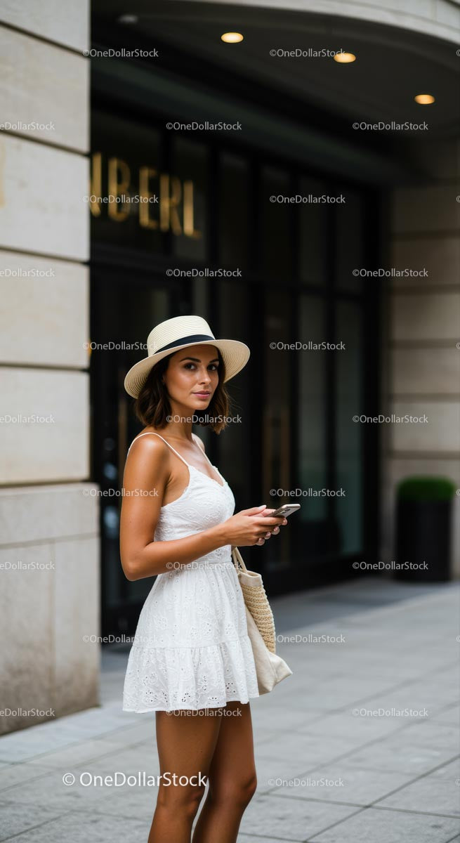 Elegant Woman in White Dress and Straw Hat on City Street