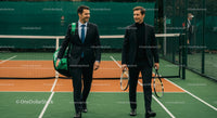 Businessmen Networking on Tennis Court in Suits