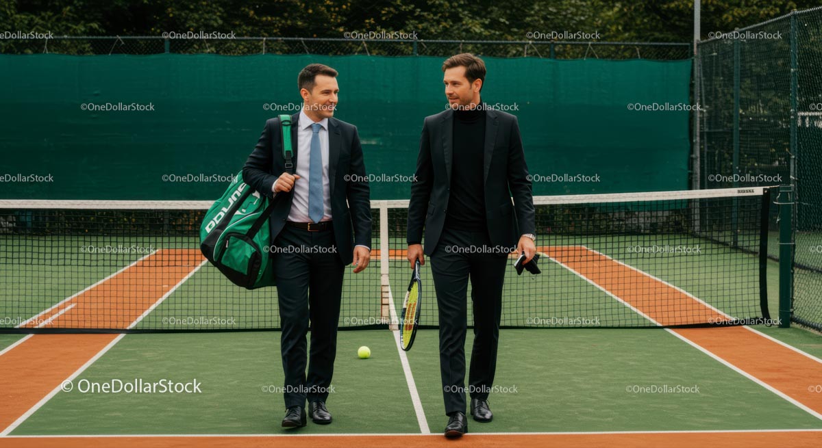 Businessmen Walking on Tennis Court Discussing Strategy