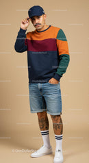 Man in Colorblock Sweatshirt and Denim Shorts with Cap