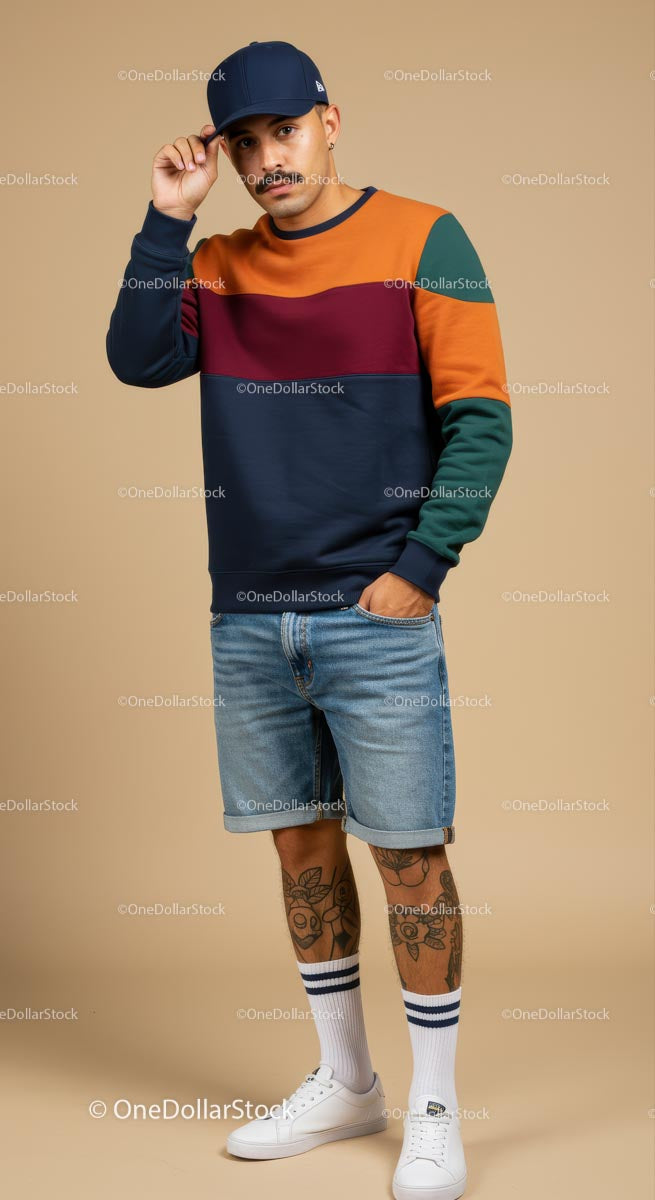 Man in Colorblock Sweatshirt and Denim Shorts with Cap