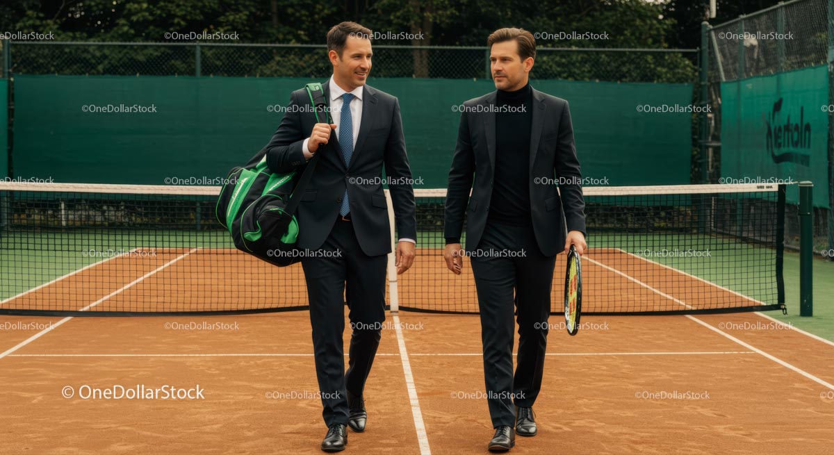 Businessmen Discuss Strategy on Tennis Court