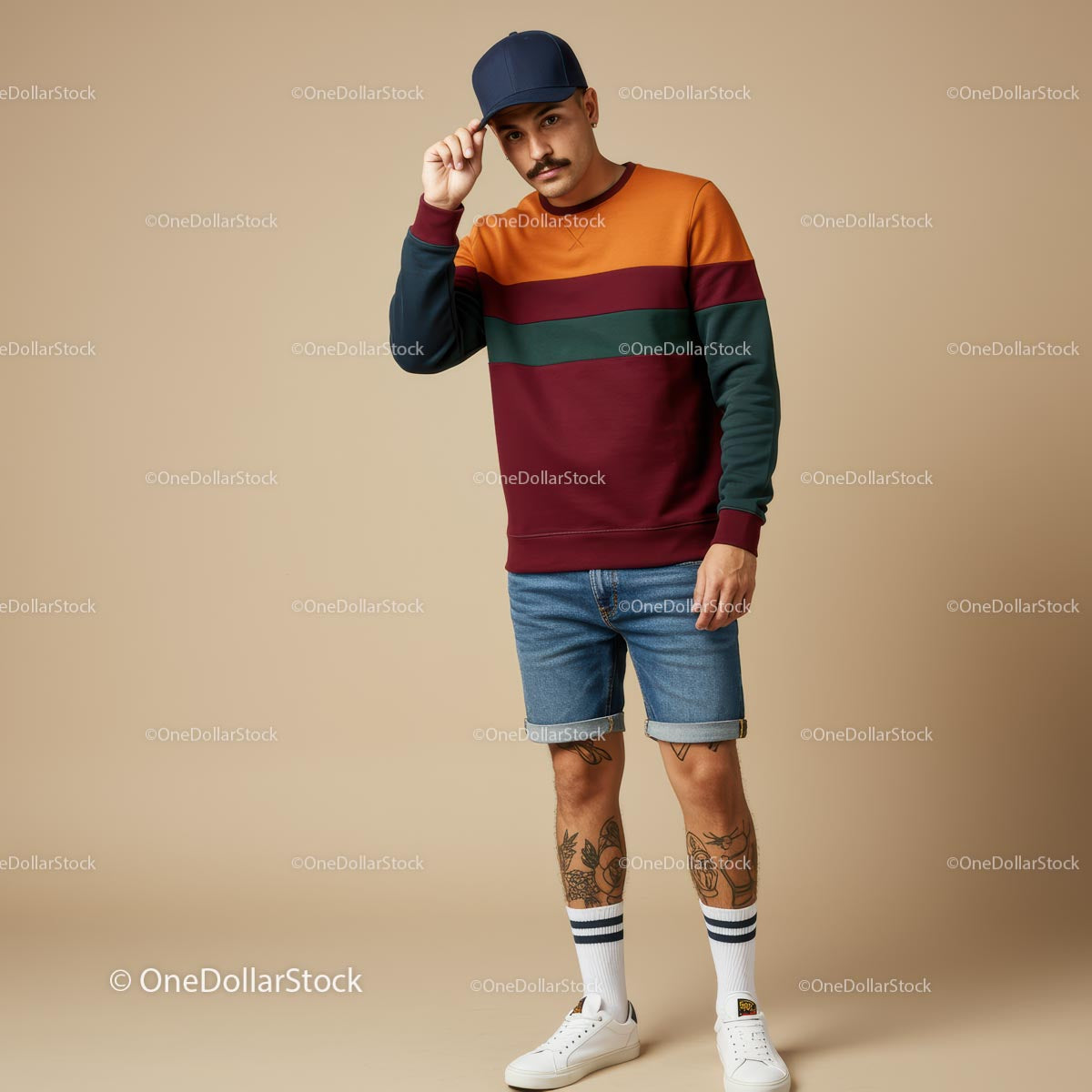 Stylish Man in Colorblock Sweater and Denim Shorts