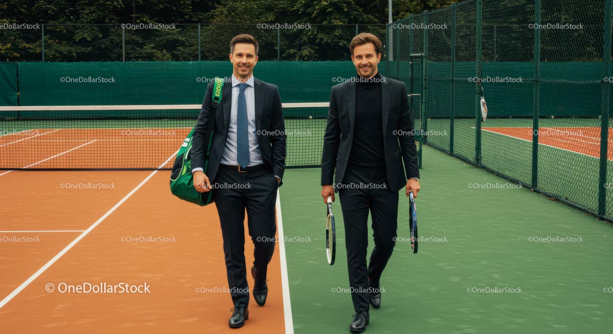 Businessmen in Suits On Tennis Court with Rackets