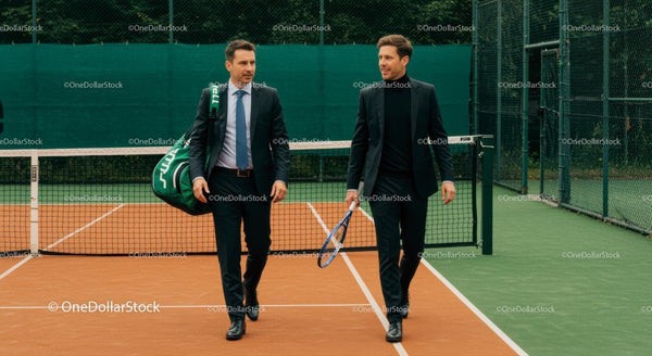 Businessmen in Suits Walking on Tennis Court