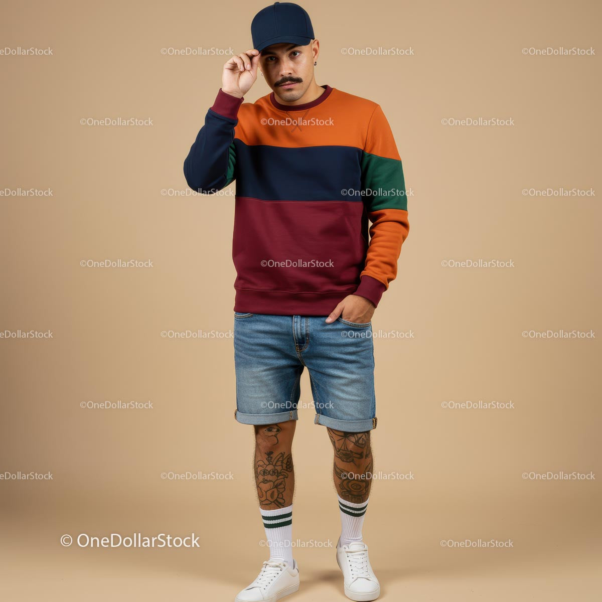Trendy Man in Colorful Sweater and Denim Shorts