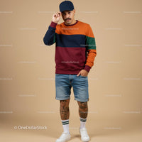 Trendy Man in Colorful Sweater and Denim Shorts
