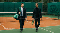 Businessmen Networking on Tennis Court in Suits