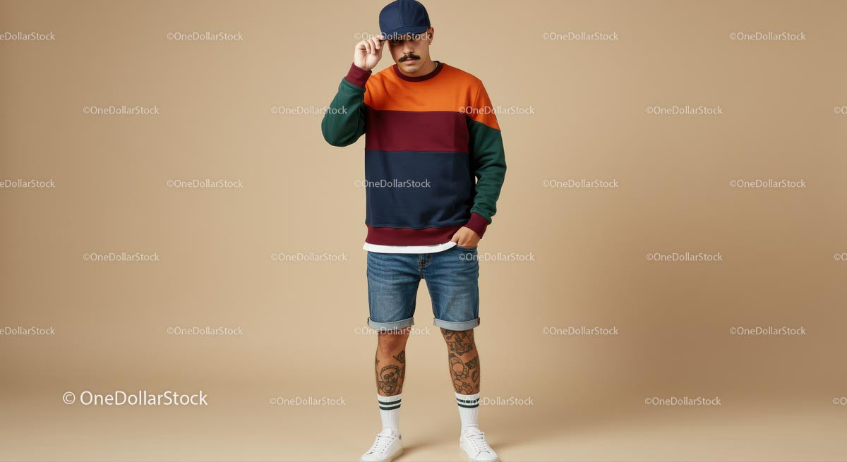 Stylish Man in Colorful Sweatshirt and Denim Shorts