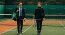 Businessmen in Suits Walking on Tennis Court with Rackets