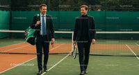 Businessmen in Suits Walking on Tennis Court with Rackets