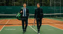 Businessmen on Tennis Court in Suits with Rackets