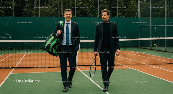 Businessmen on Tennis Court in Suits with Rackets