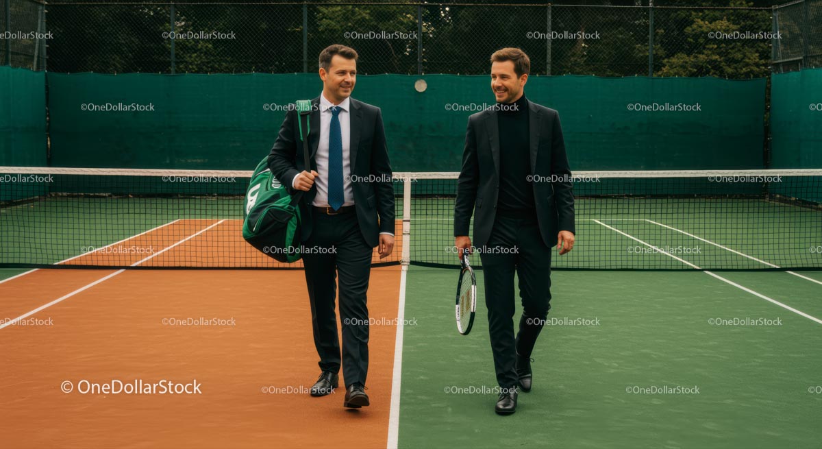 Businessmen in Suits Walking on Tennis Court