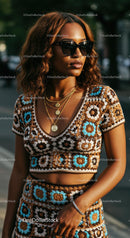 Stylish Woman in Crochet Outfit with Gold Jewelry