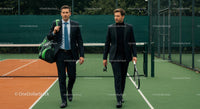 Businessmen in Suits Walking on Tennis Court with Racquets