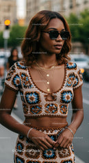 Fashionable Woman in Crochet Set with Sunglasses