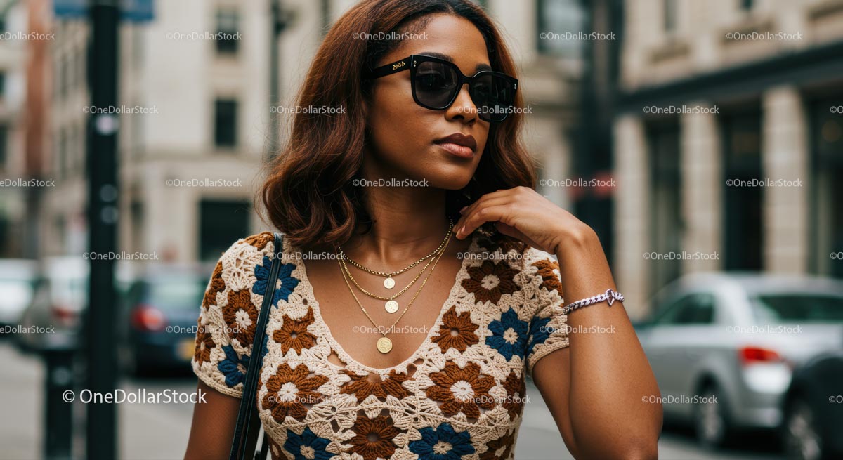 Trendy Woman in Elegant Crochet Top with Sunglasses