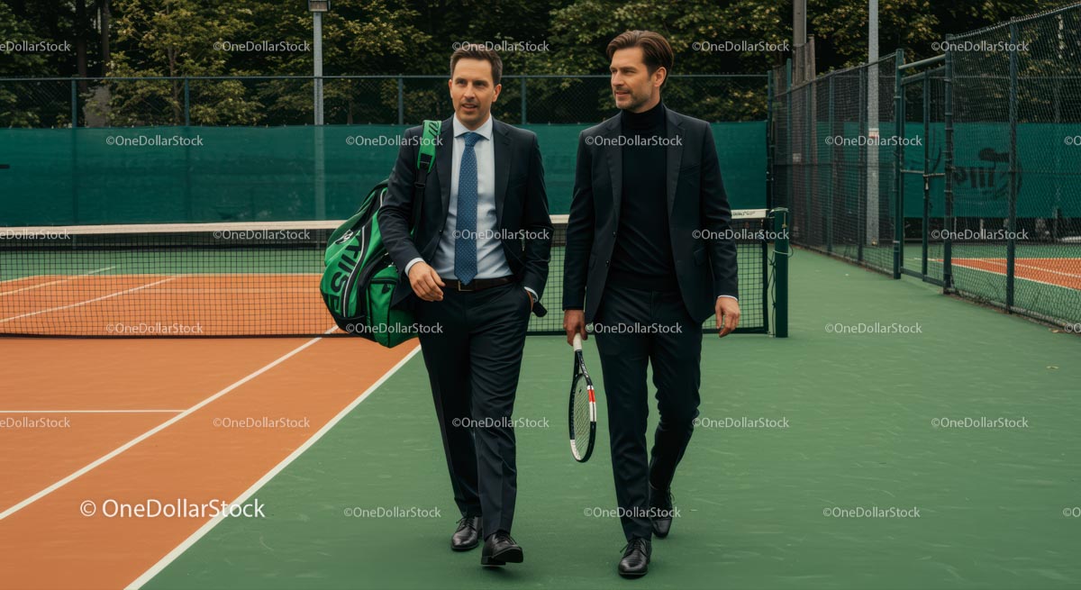 Businessmen Discussing on Tennis Court in Suits