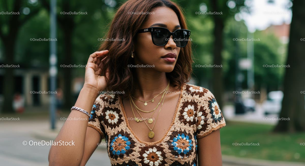 Fashionable Woman in Crochet Top and Sunglasses