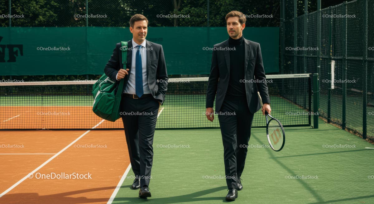 Businessmen Walking on Tennis Court with Racket