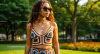 Stylish Woman in Crochet Top Enjoying a Sunny Day in Park