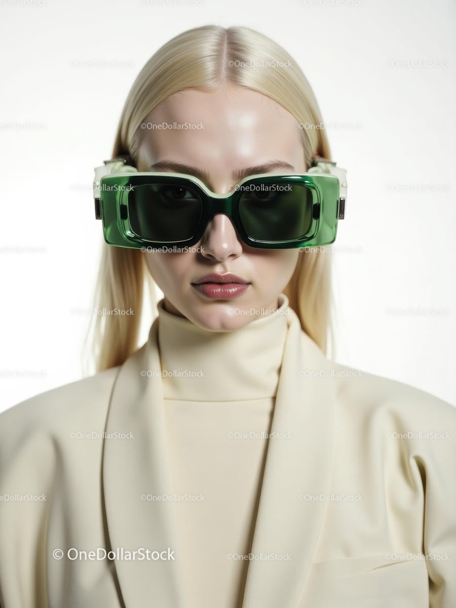 Blonde Woman Wearing Green Futuristic Sunglasses