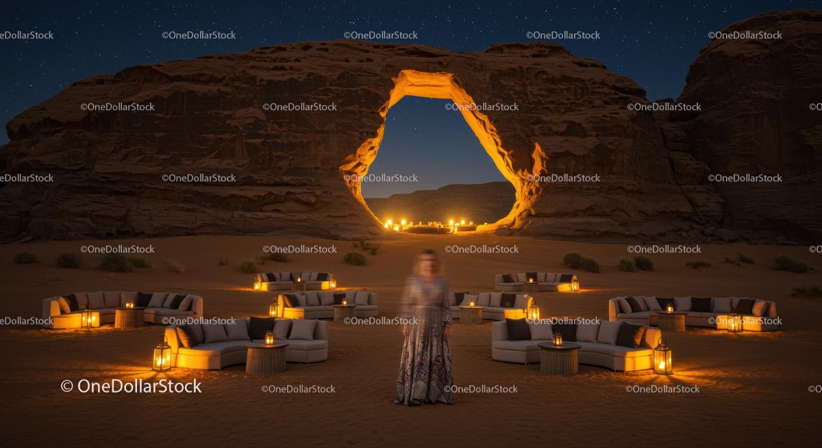 Luxurious Evening Retreat in Desert Landscape with Arch