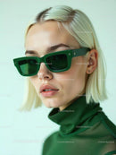 Blonde Woman in Green Sunglasses and Trendy Outfit