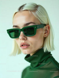 Blonde Woman in Green Sunglasses and Trendy Outfit