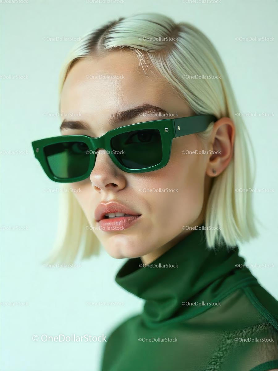 Blonde Woman in Green Sunglasses and Trendy Outfit