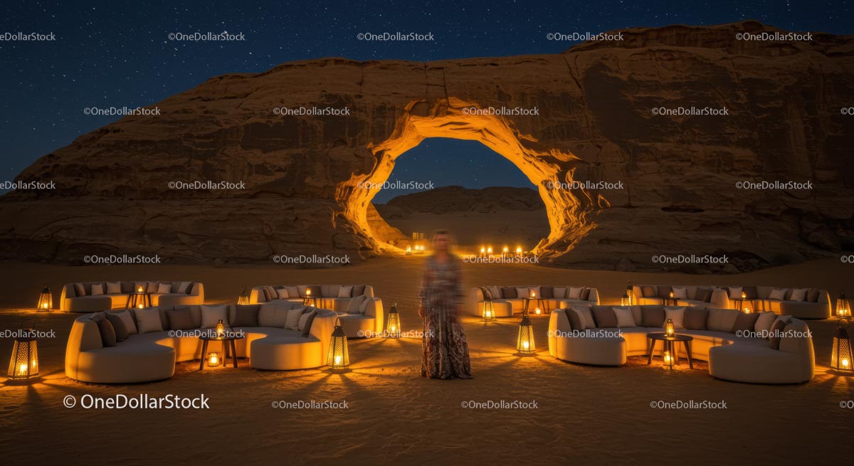 Starry Night Desert Oasis with Illuminated Rock Arch
