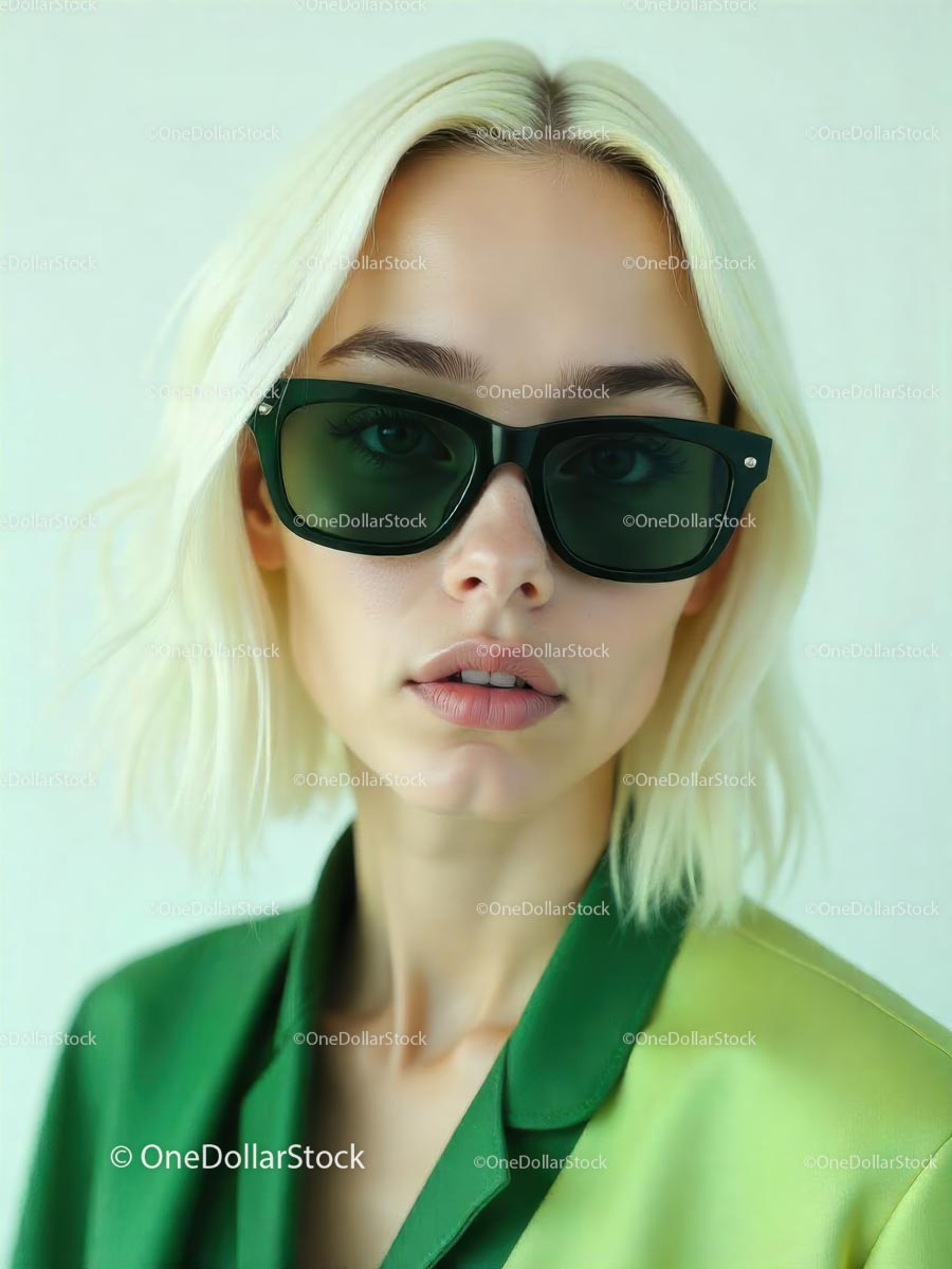 Blonde Woman in Stylish Green Outfit and Sunglasses