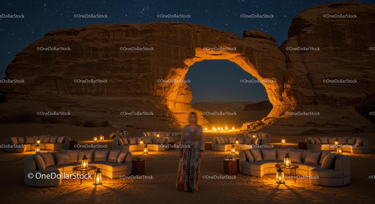 Desert Evening Under Starry Skies with Glowing Lanterns