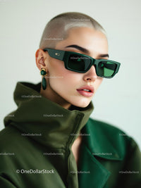 Stylish Woman in Green Jacket Wearing Fashionable Sunglasses