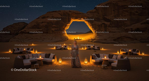 Elegant Desert Night Lounge with Lanterns and Starry Sky