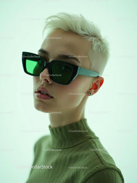 Stylish Woman with Modern Green Sunglasses and Short Hair