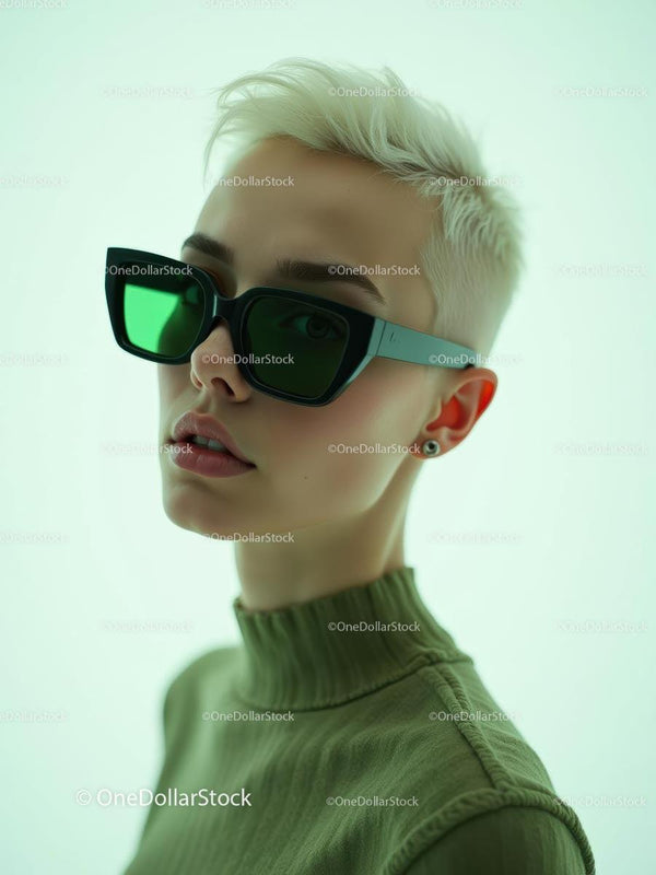 Stylish Woman with Modern Green Sunglasses and Short Hair