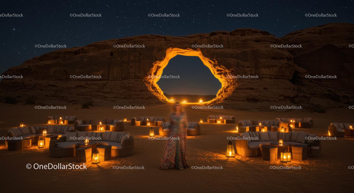 Starlit Desert Oasis with Lantern-Lit Seating and Arch