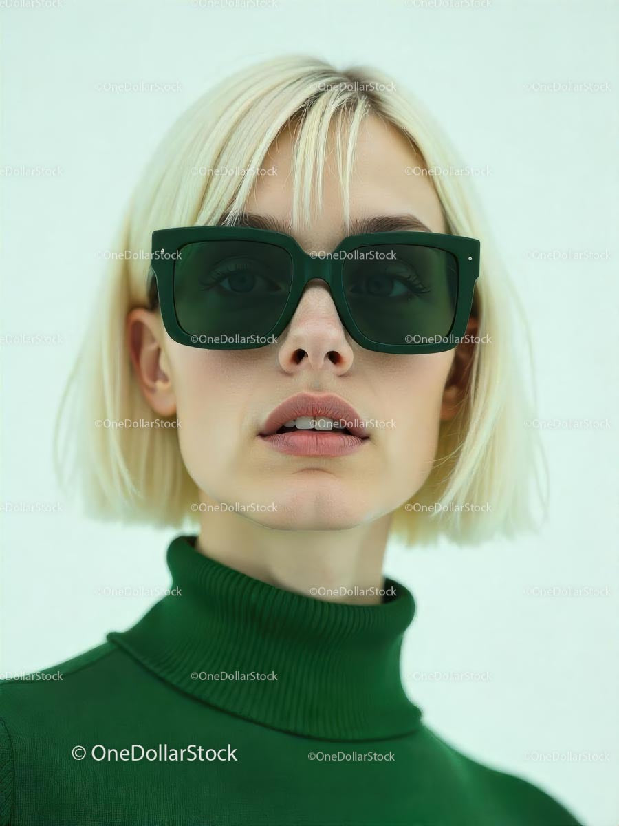 Blonde Woman in Green Sunglasses and Sweater