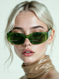 Blonde Woman in Green Sunglasses and Stylish Outfit